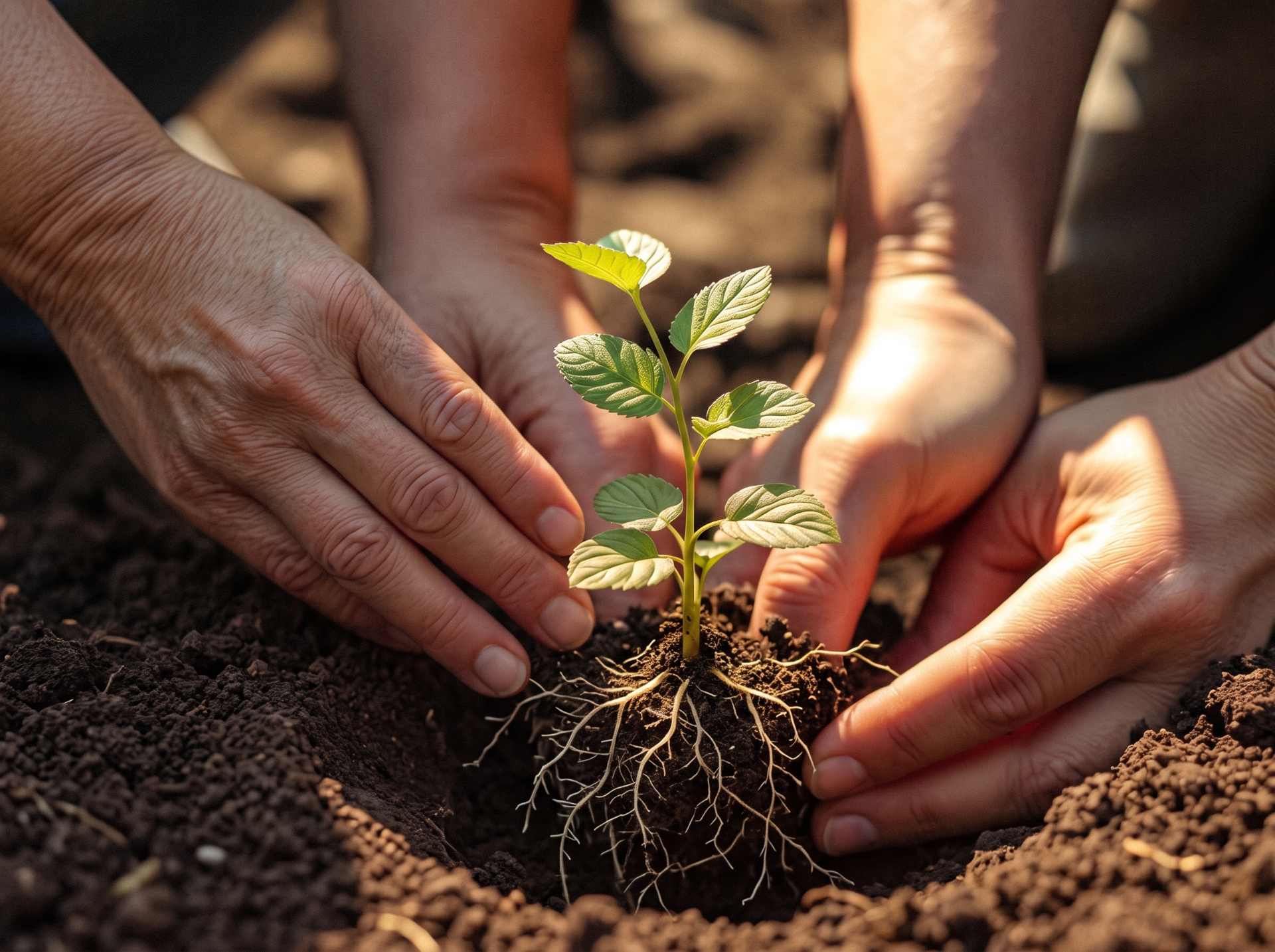 Two pairs of hands planting a green seedling in warm soil