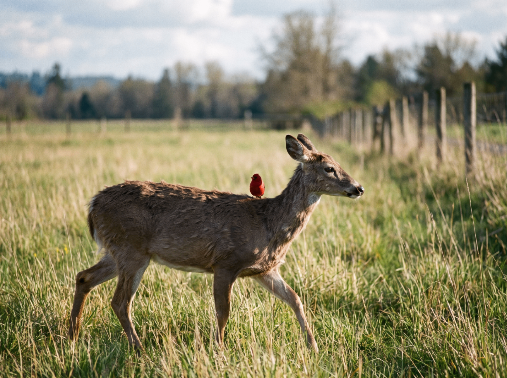 A young deer standing quietly in a sunlit meadow at dawn